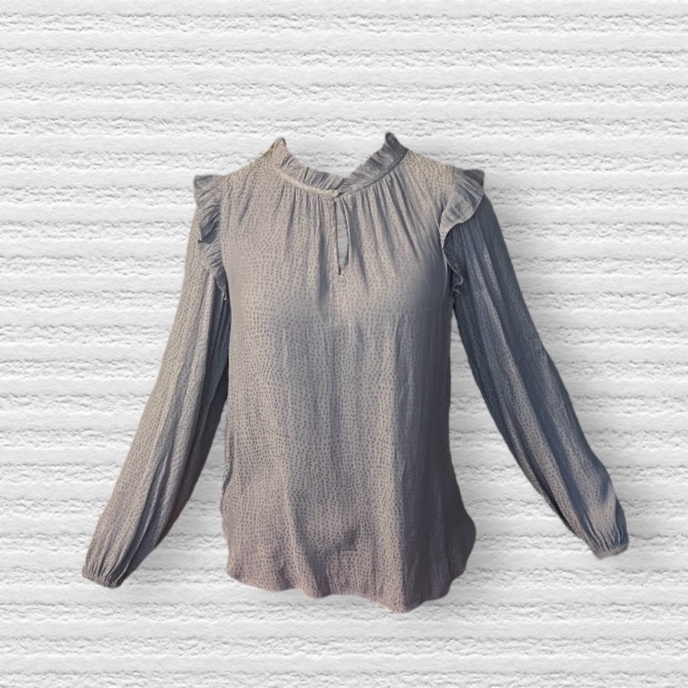 LOFT Slate Blue Ruffle Collar Spotted Long Sleeve Blouse Size Small